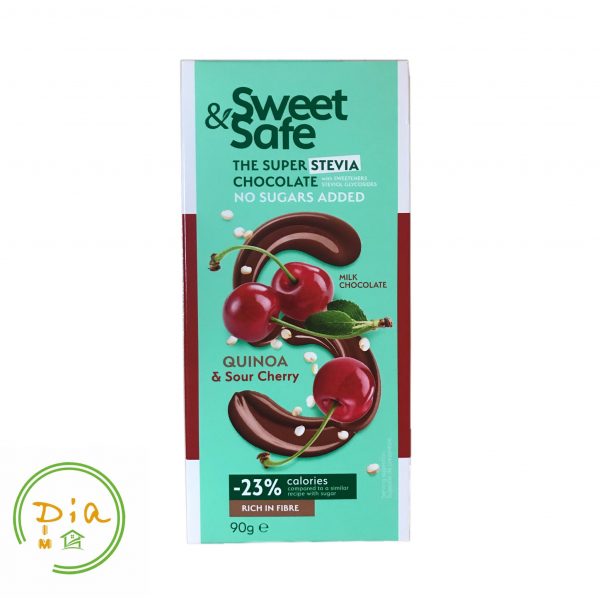 Плитка молочного шоколаду Sweet & Safe «Quinoa & Sour Cherry» без доданого цукру — кремовий смак із вишнею та хрусткою квіноа.