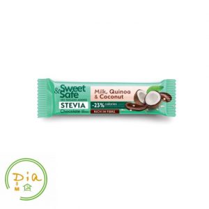 Плитка молочного шоколаду Sweet&Safe без цукру з кіноа та кокосом, 25 г, підсолоджена стевією.