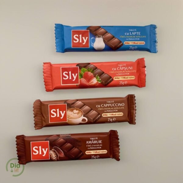 Шоколадні батончики Sly у смаках молочний, полуниця, капучино, темний — без цукру