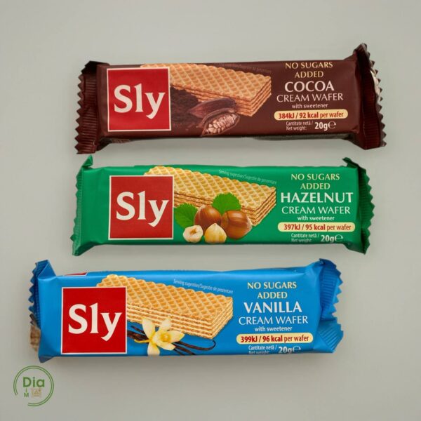Вафлі Sly без цукру у смаках ваніль, шоколад і горіх, індивідуальна упаковка 20 г