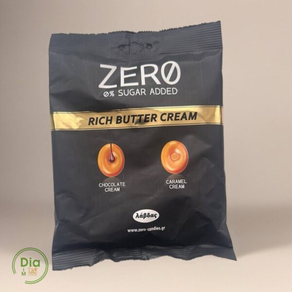 Велика упаковка цукерок ZERO Rich Butter Cream без цукру — зі смаками шоколадного та карамельного крему.