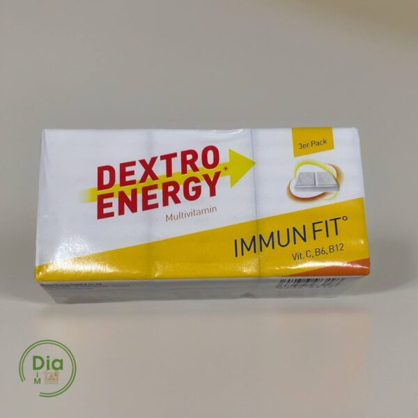 Таблетки декстрози Dextro Energy Immun Fit Multivitamin з мультивітамінним смаком і 10 вітамінами – упаковка 3×8 шт., 5 г вуглеводів у кожній таблетц