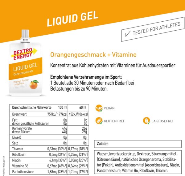 Dextro Energy Liquid Gel – апельсиновий енергетичний гель з декстрозою та вітамінами, 60 мл, 26 г вуглеводів у порції