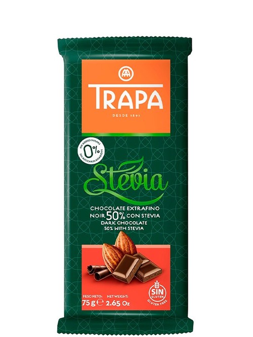 Плитка чорного шоколаду Trapa Stevia 50 % какао без цукру, 75 г