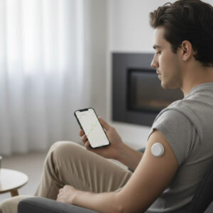 Чоловік з глюкометром дивиться на смартфон.