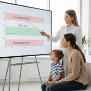 Лікар пояснює рівні цукру на графіку жінці з дитиною.