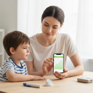 Мати і син дивляться графік на смартфоні.