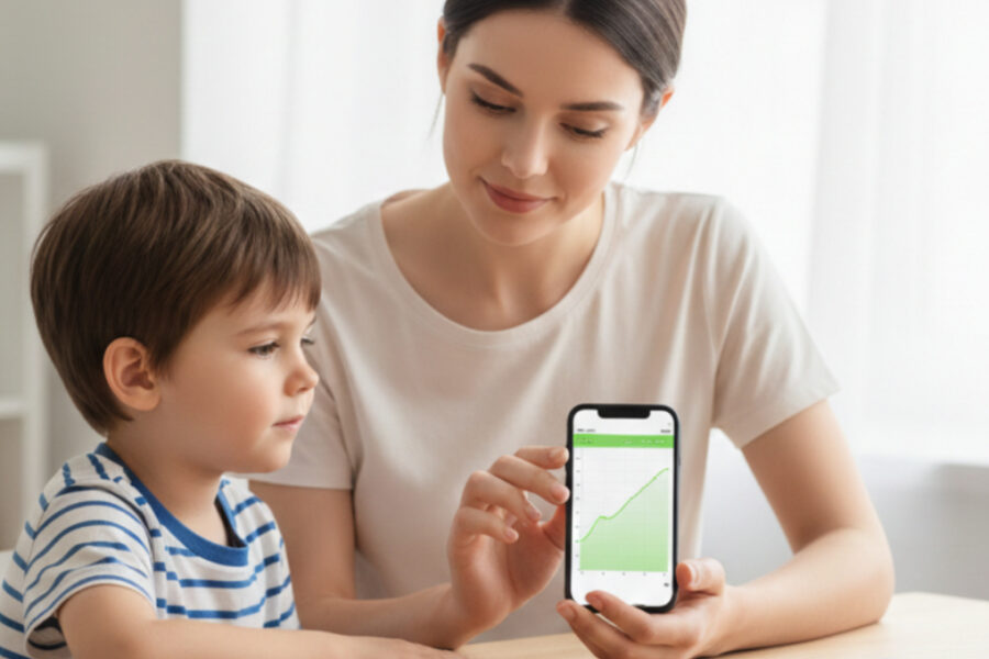 Мати і син дивляться графік на смартфоні.